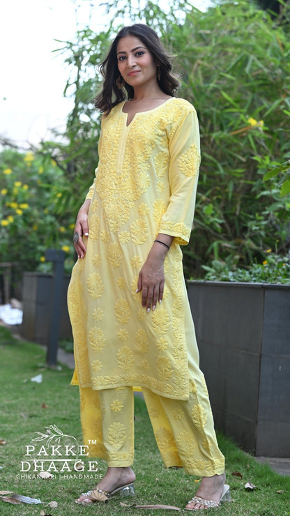 Meher Chikankari 2PC Kurta Palazzo Set - Buttercup Yellow