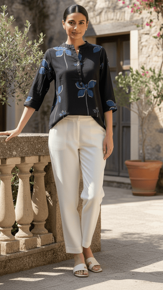 Woman wearing a black floral blouse and white pants standing on a stone path.