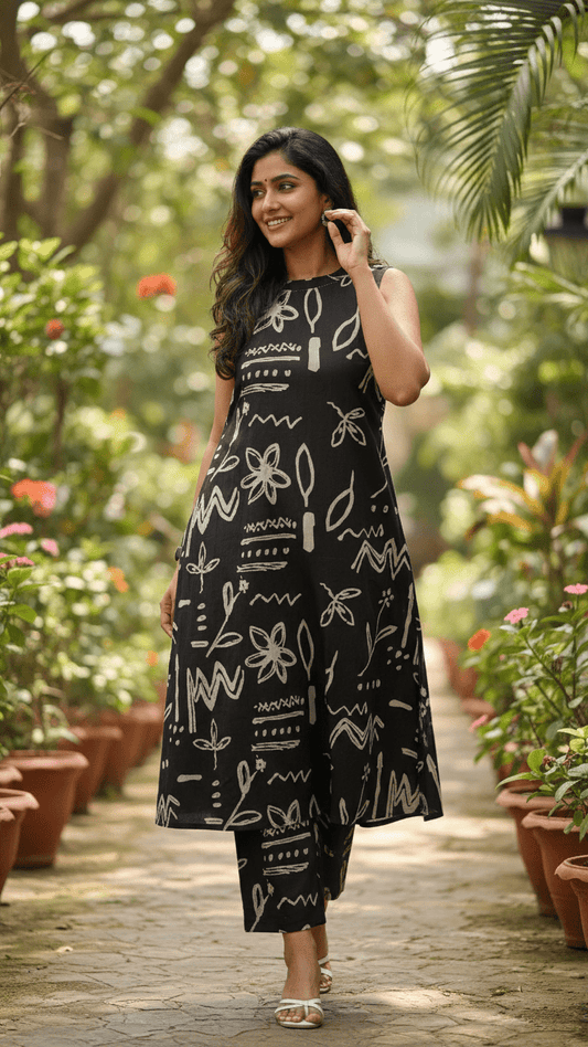 Woman in a black dress with white patterns standing in a garden