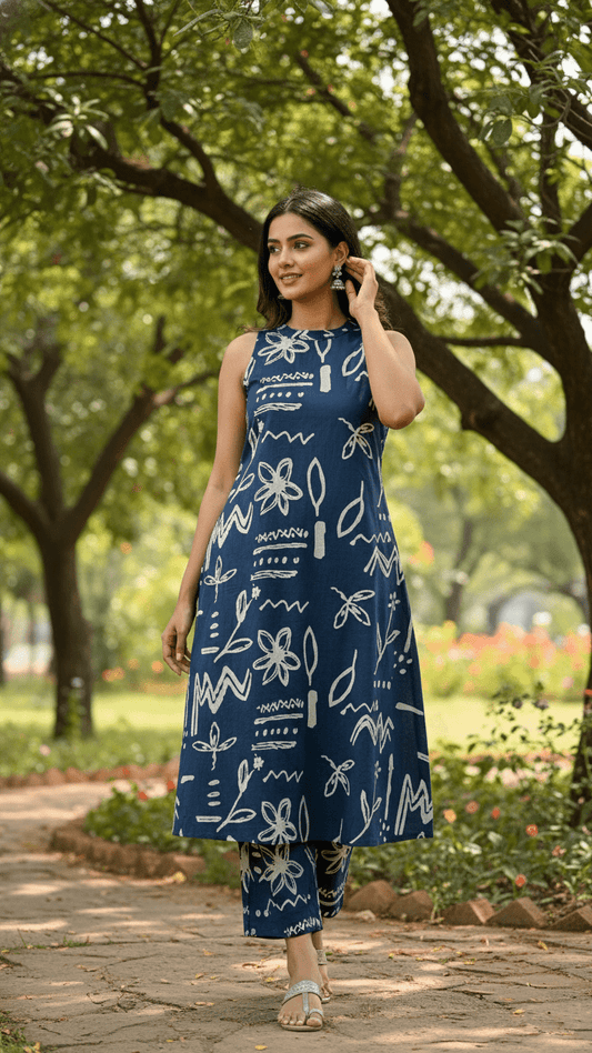Woman wearing a blue patterned co-ord set standing in a park-like setting with trees and greenery.