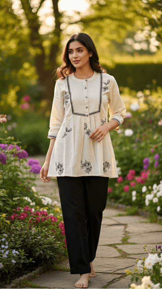 Woman standing in a garden with flowers and trees in the background, wearing embroidered short kurti by Pakke Dhaage