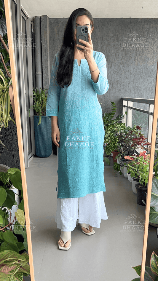 Muskaan Pure Mulmul Cotton Kurta - Ombre Aqua Splash