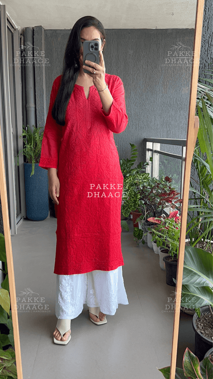 Muskaan Pure Mulmul Cotton Kurta - Ombre Deep Red