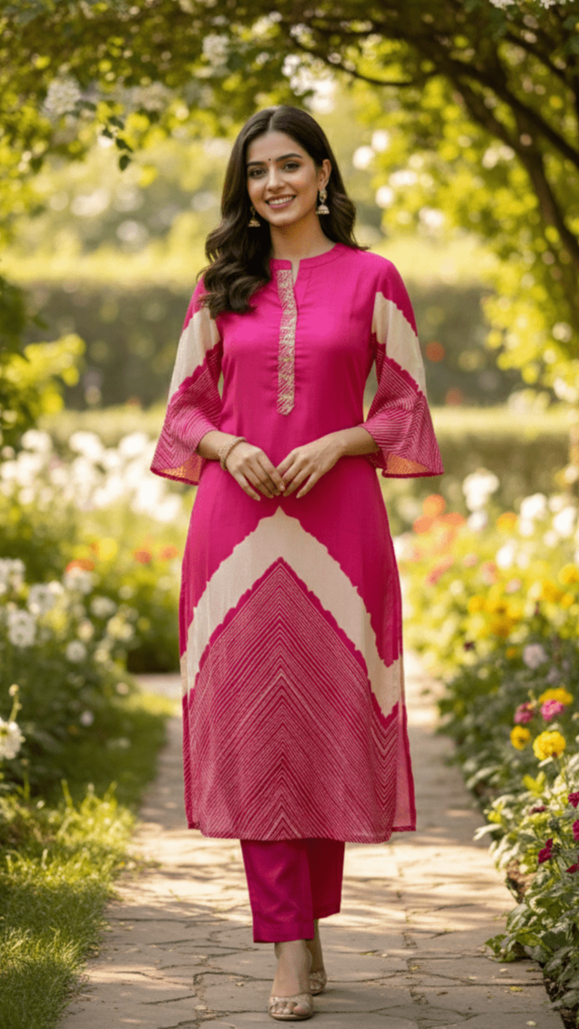 Woman in a pink traditional printed suit set, by Pakke Dhaage, standing in a garden with flowers and greenery.