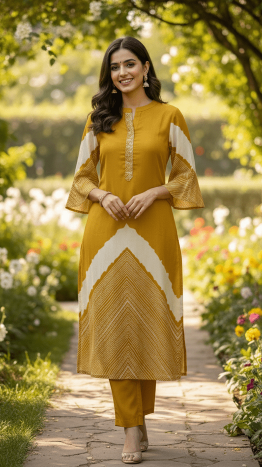 Woman in a yellow traditional printed suit set standing in a garden with flowers and trees.