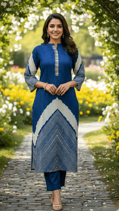 Woman in a blue dress standing in a garden with flowers and greenery.