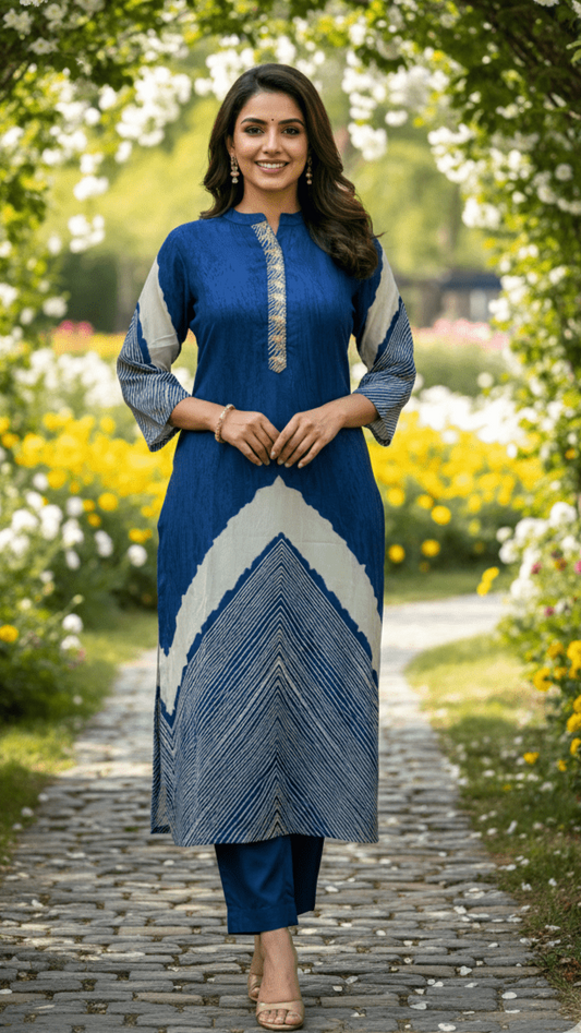 Woman in a blue dress standing in a garden with flowers and greenery.