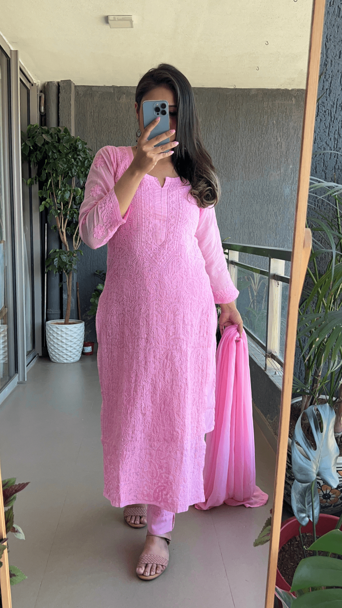 Nazia Pure Kota Doria Chikankari Kurta and Kurta Sets - Camellia Pink