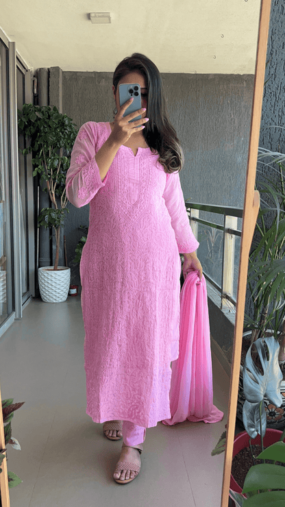 Nazia Pure Kota Doria Chikankari Kurta and Kurta Sets - Camellia Pink