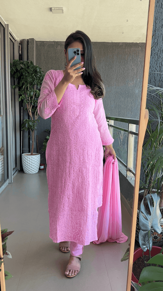 Nazia Pure Kota Doria Chikankari Kurta and Kurta Sets - Camellia Pink