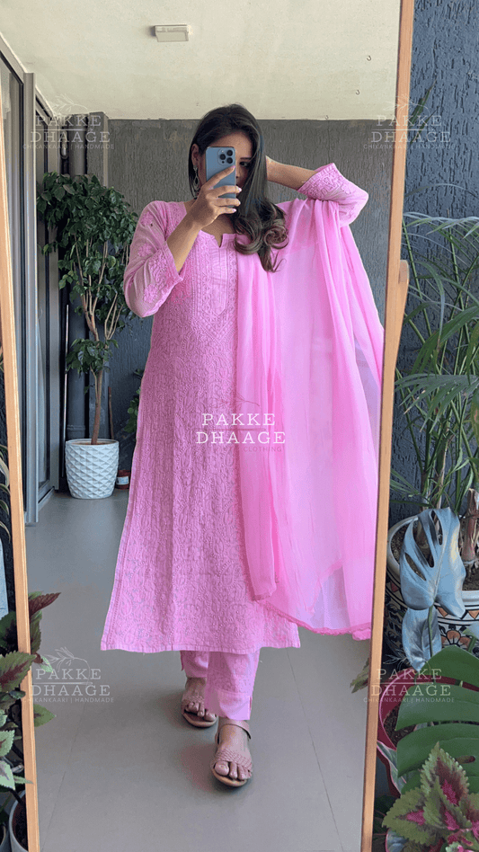 Nazia Pure Kota Doria Chikankari Kurta and Kurta Sets - Camellia Pink