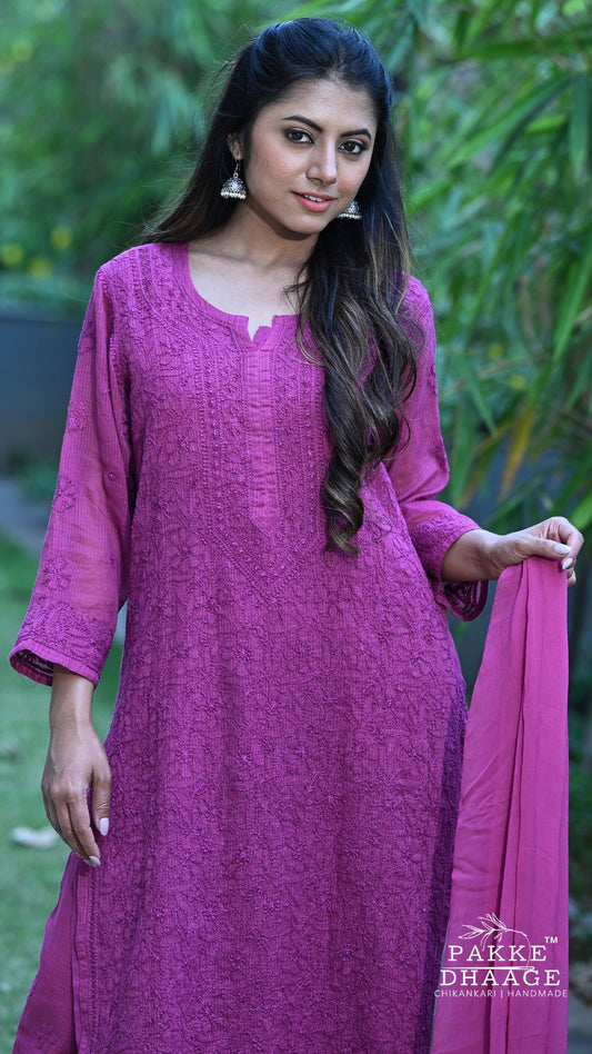 Nazia Pure Kota Doria Chikankari Kurta and Kurta Sets - Dragonfruit