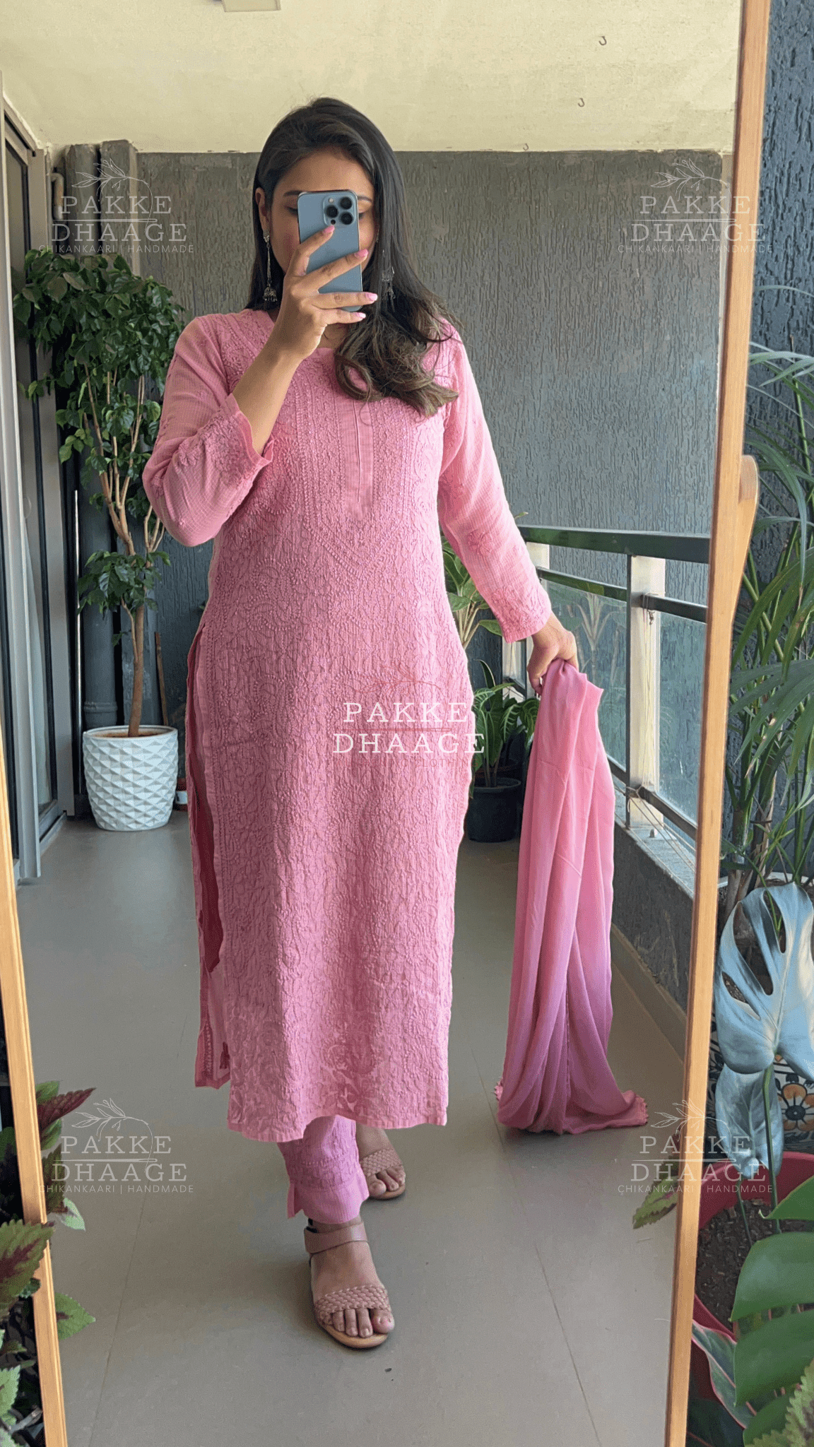 Nazia Pure Kota Doria Chikankari Kurta and Kurta Sets - Dusty Onion Pink