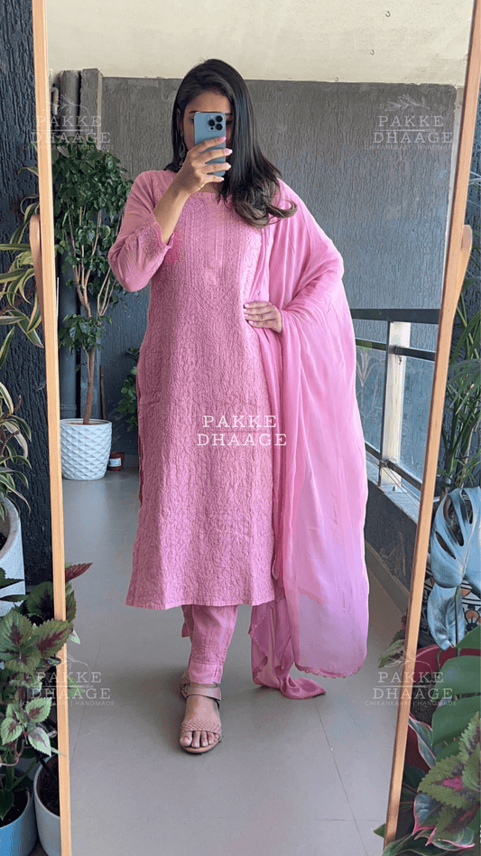 Nazia Pure Kota Doria Chikankari Kurta and Kurta Sets - Dusty Onion Pink