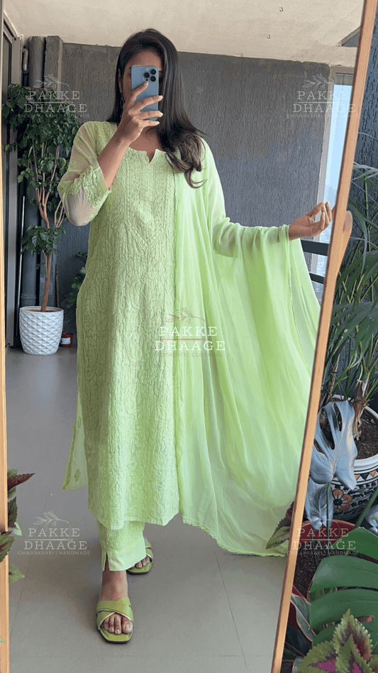 Nazia Pure Kota Doria Chikankari Kurta and Kurta Sets - Light Green