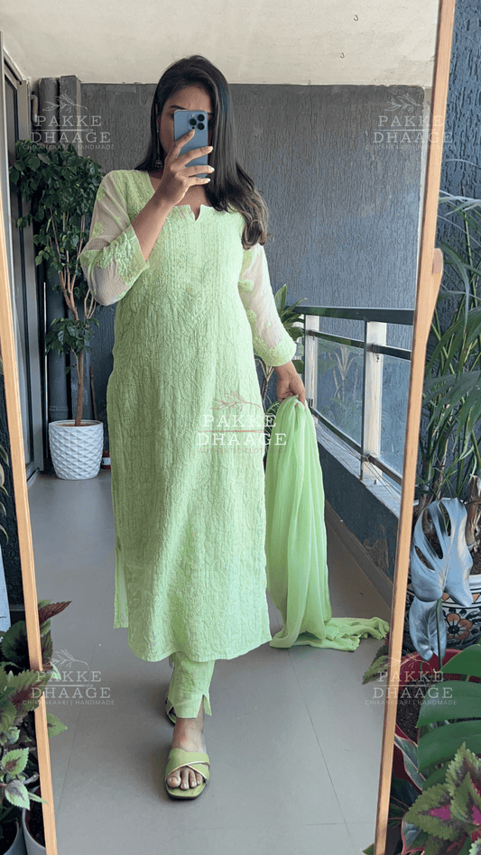 Nazia Pure Kota Doria Chikankari Kurta and Kurta Sets - Light Green