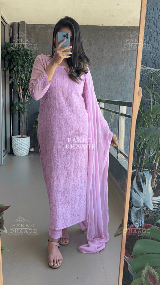 Nazia Pure Kota Doria Chikankari Kurta and Kurta Sets - Mauve Mist