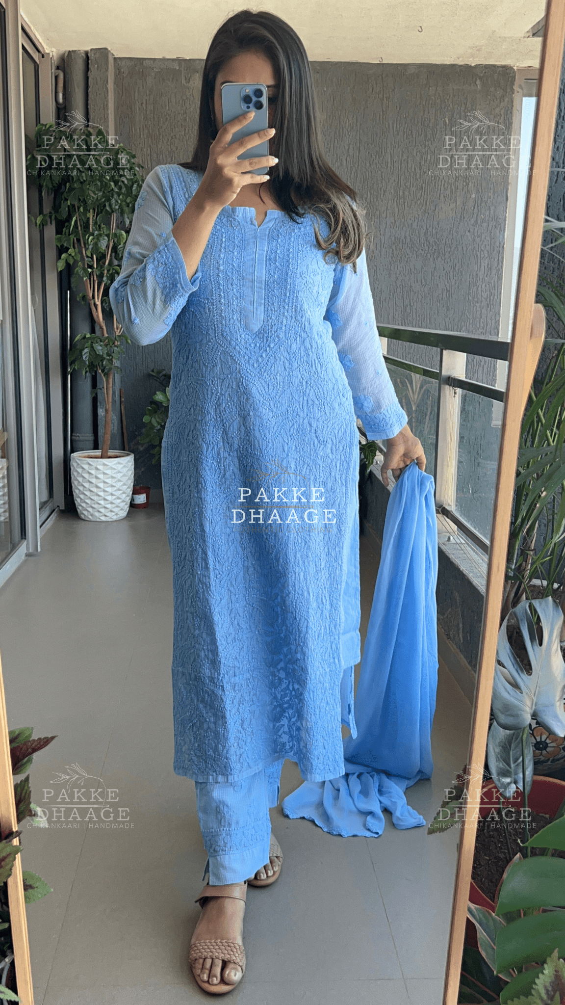 Nazia Pure Kota Doria Chikankari Kurta and Kurta Sets - Powder Blue