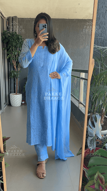 Nazia Pure Kota Doria Chikankari Kurta and Kurta Sets - Powder Blue