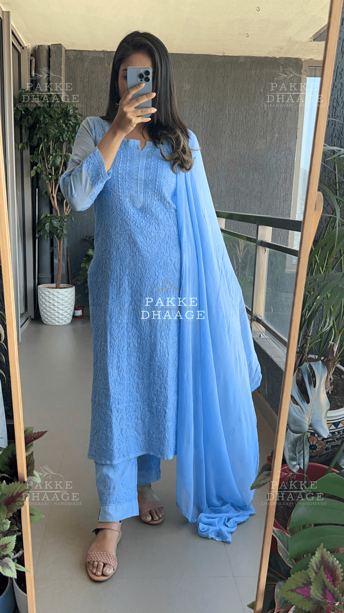 Nazia Pure Kota Doria Chikankari Kurta and Kurta Sets - Powder Blue