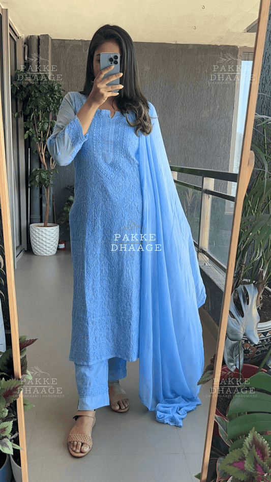 Nazia Pure Kota Doria Chikankari Kurta and Kurta Sets - Powder Blue