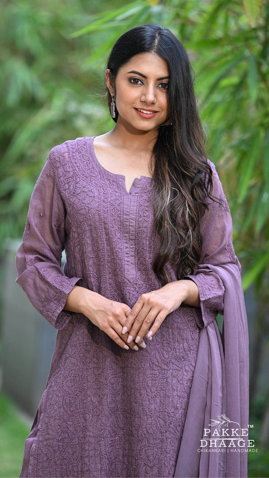 Nazia Pure Kota Doria Chikankari Kurta and Kurta Sets - Ripe Fig
