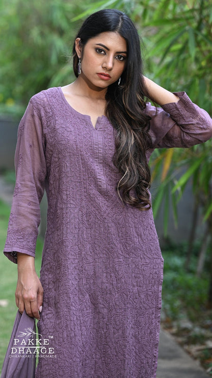 Nazia Pure Kota Doria Chikankari Kurta and Kurta Sets - Ripe Fig