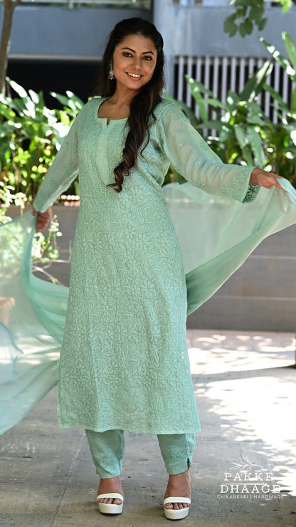 Nazia Pure Kota Doria Chikankari Kurta and Kurta Sets - Sage Green