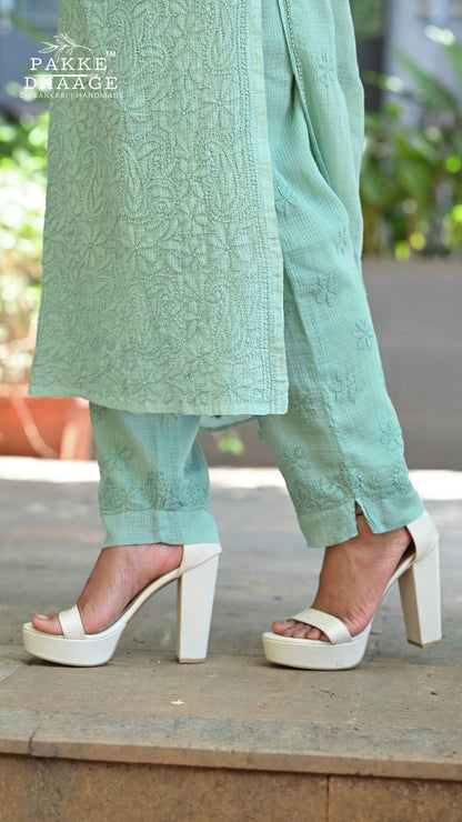 Nazia Pure Kota Doria Chikankari Kurta and Kurta Sets - Sage Green