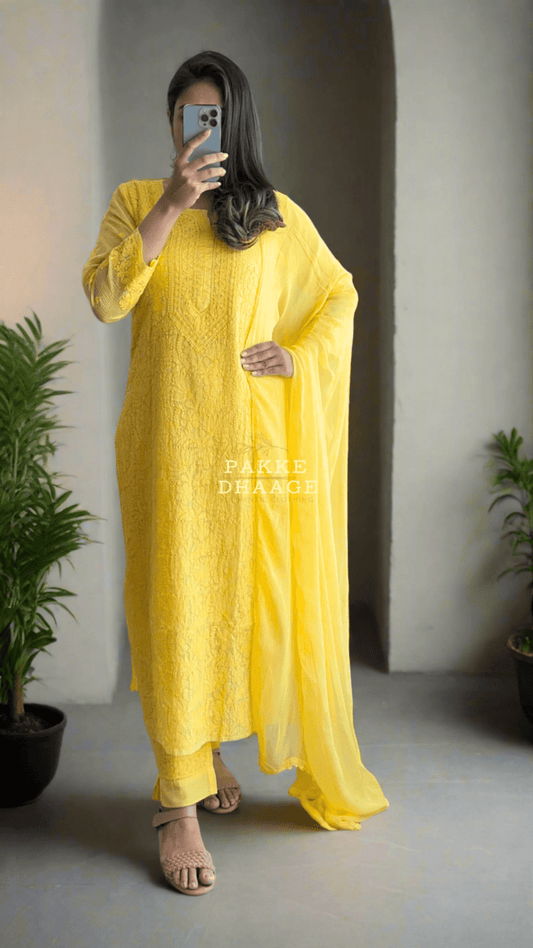 Nazia Pure Kota Doria Chikankari Kurta and Kurta Sets - Sunshine Yellow