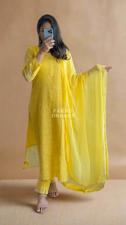 Nazia Pure Kota Doria Chikankari Kurta and Kurta Sets - Sunshine Yellow
