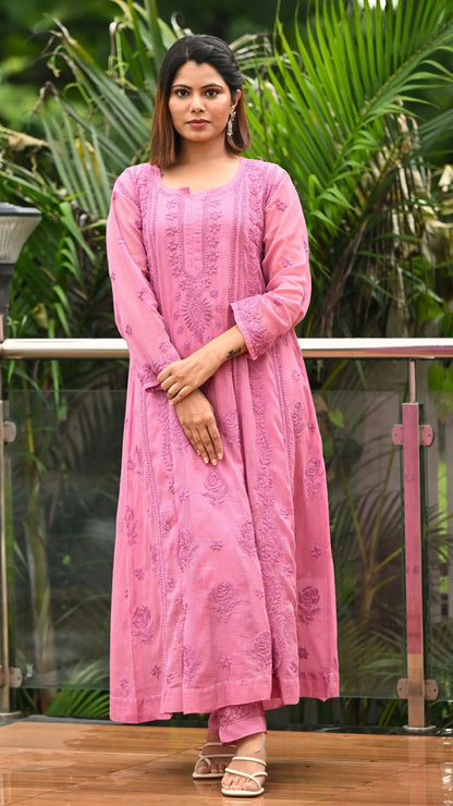 Nazm Pure Kota Doria Anarkali - Onion Pink