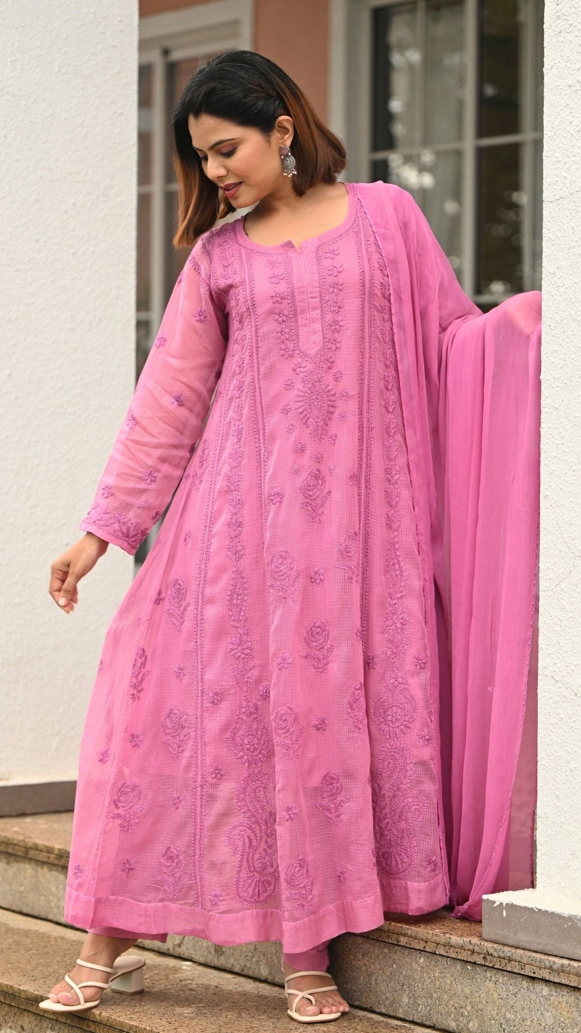 Nazm Pure Kota Doria Anarkali - Onion Pink