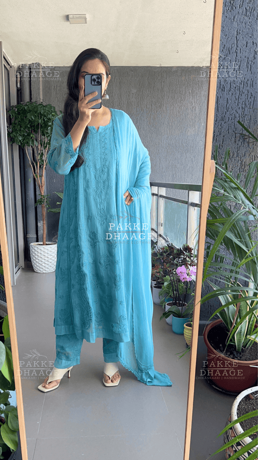 Nazm Pure Kota Doria Anarkali - Pastel Turquoise