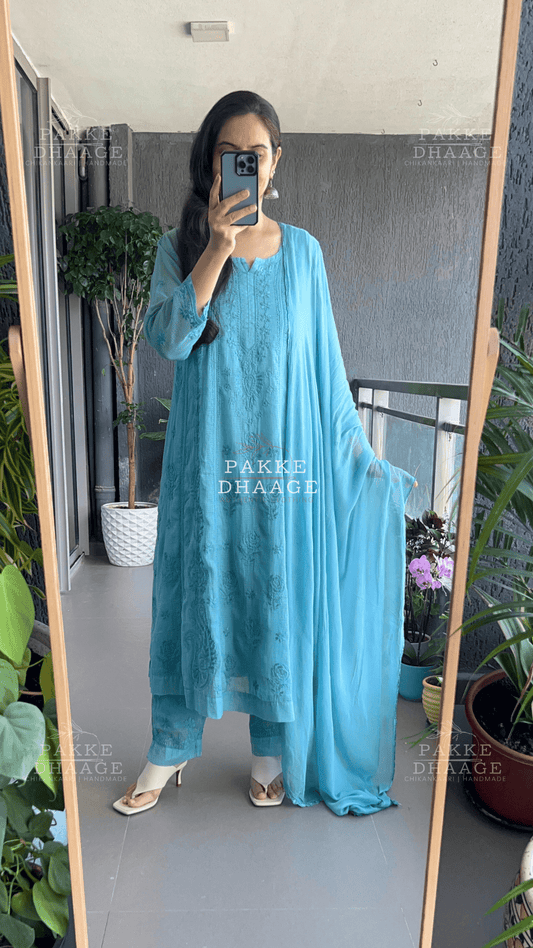 Nazm Pure Kota Doria Anarkali - Pastel Turquoise