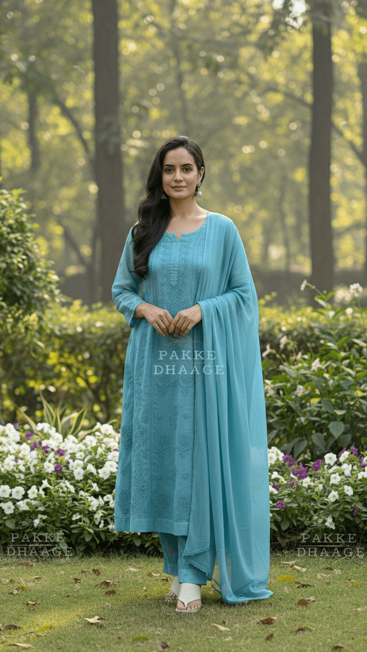Woman in a blue traditional chikankari suit set standing in a garden with greenery and flowers.