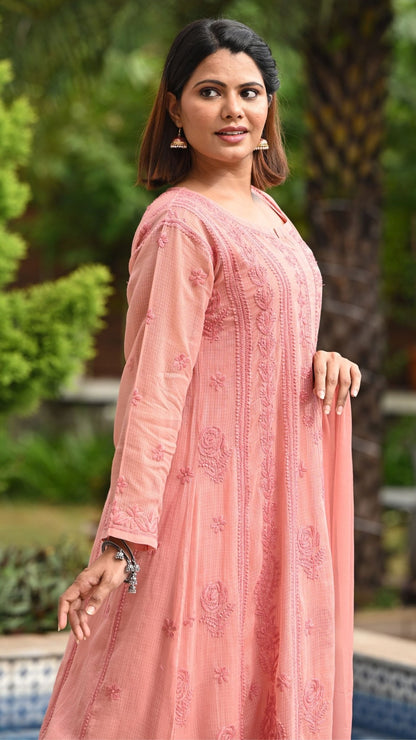 Nazm Pure Kota Doria Anarkali - Rosewood Peach
