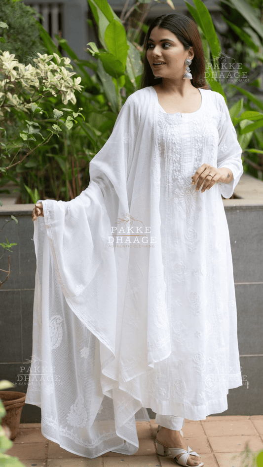 Nazm Pure Kota Doria Anarkali - White