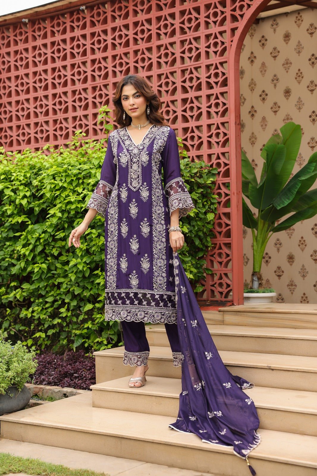 Needle Art Muslin Organza 3 Pc Kurti Sets Dark Purple