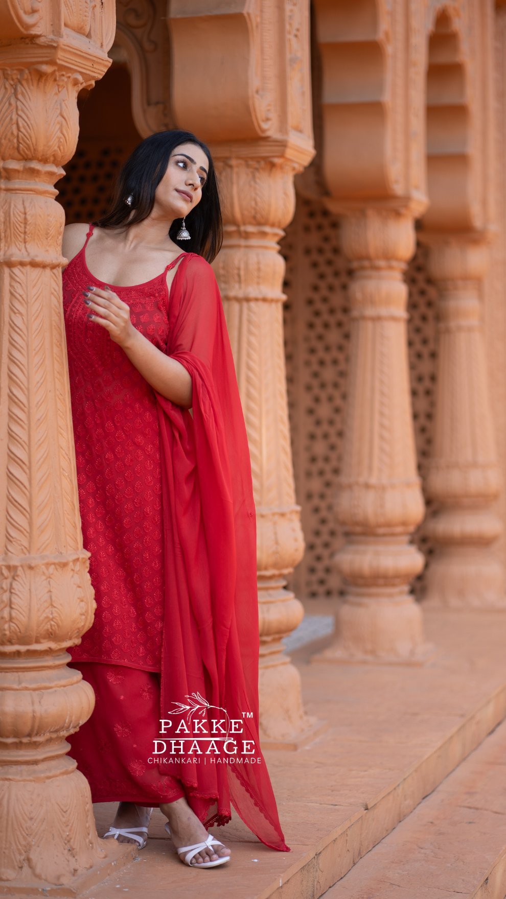 Noor Viscose Georgette Strappy Kurta & Kurta Sets - Barbados Cherry Red