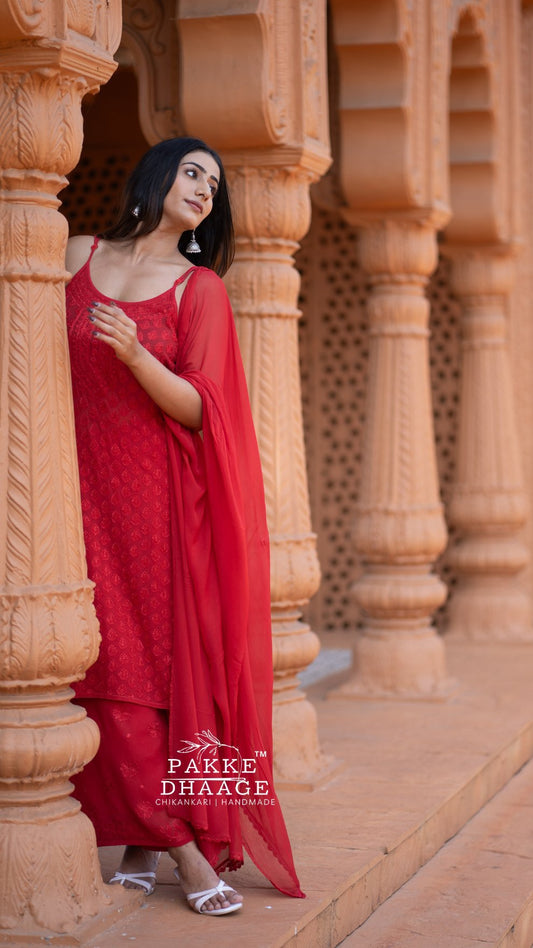 Noor Viscose Georgette Strappy Kurta & Kurta Sets - Barbados Cherry Red