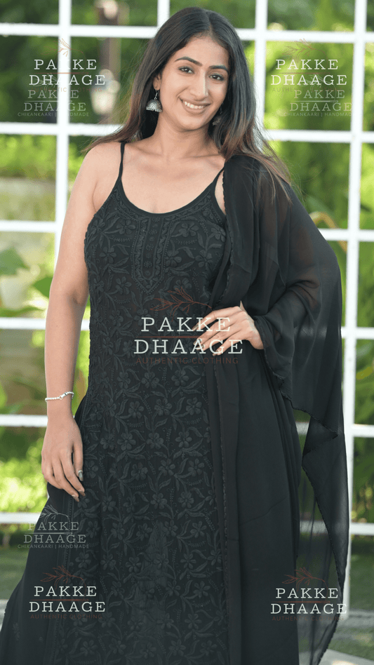 Noor Viscose Georgette Strappy Kurta & Kurta Sets - Midnight Black