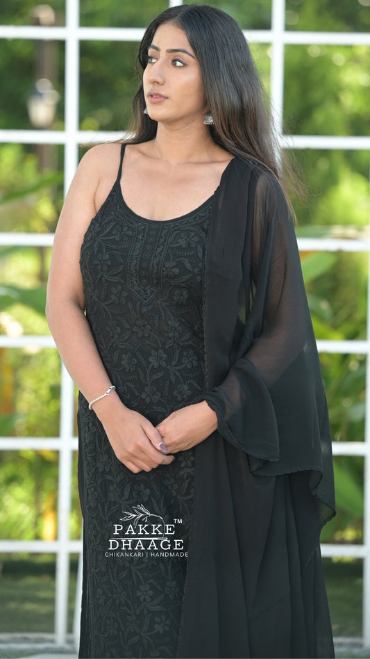 Noor Viscose Georgette Strappy Kurta & Kurta Sets - Midnight Black