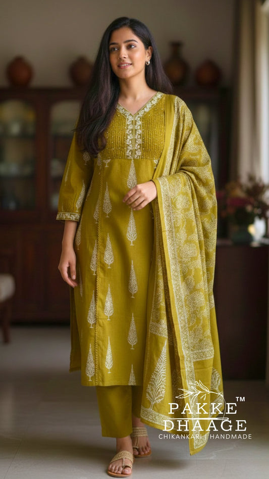 Petal Poetry 3-Pc Pure Cotton Suit Sets Mehendi Green