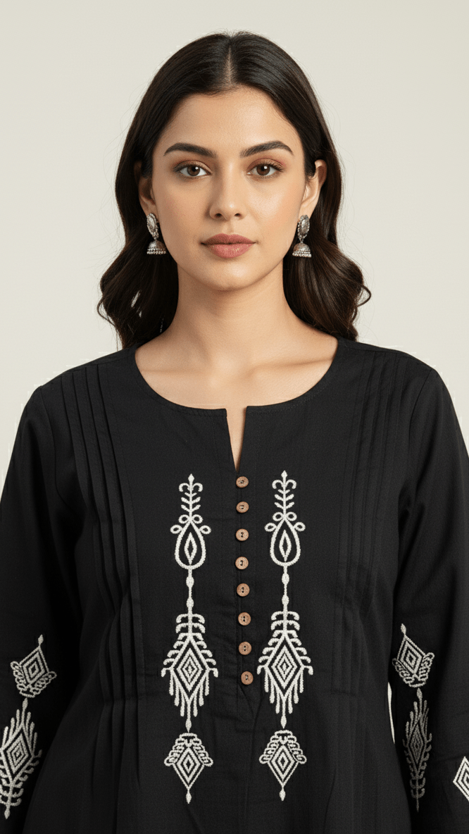 Woman wearing a black embroidered dress with a plain background