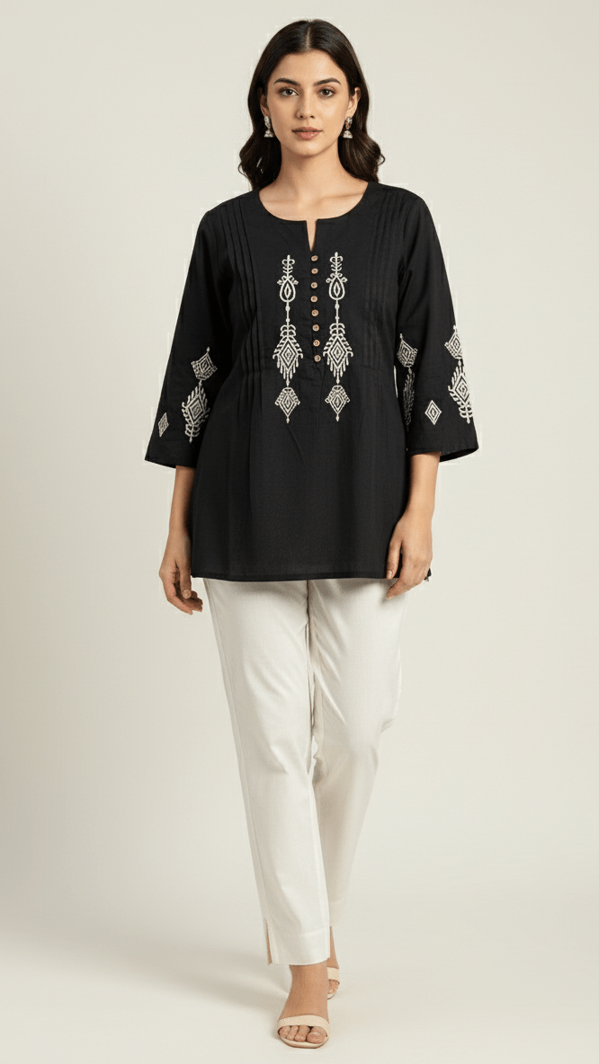 Woman wearing a black embroidered top and white pants on a light gray background