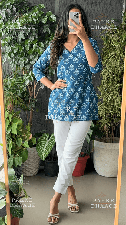 Print Poetry Pure Cotton Short Kurtis - Indigo Blue