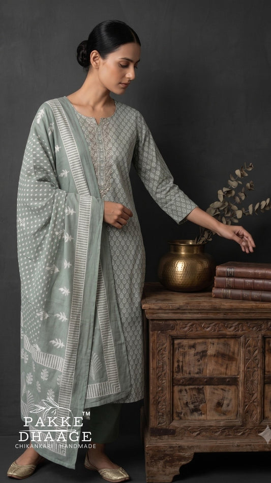 Premium Pure Cotton 3-Piece Printed Kurta Set with Embroidery