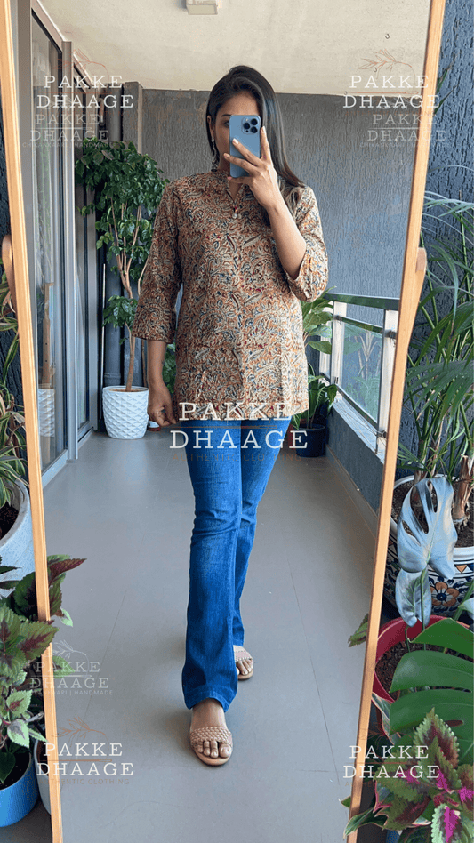 Print Poetry Ajrakh Short Kurtis - Mustard