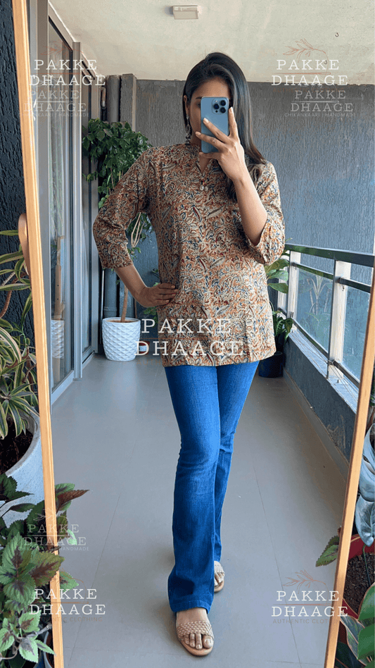 Print Poetry Ajrakh Short Kurtis - Mustard